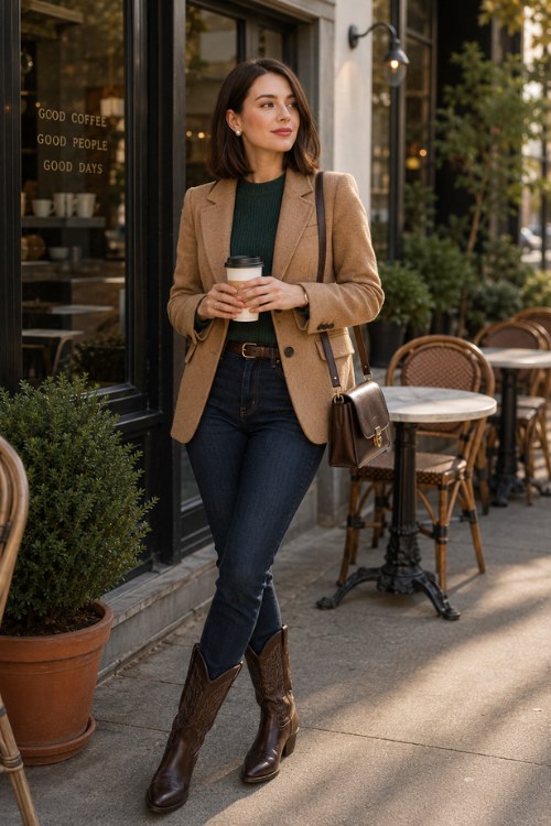 A woman wears a camel blazer over a dark green knit sweater with dark blue skinny jeans and dark brown cowboy boots