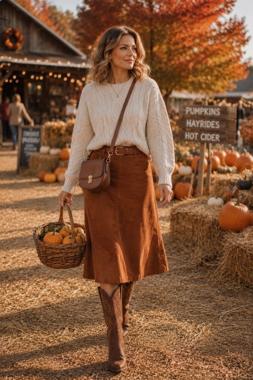 A woman wears a cream cable-knit sweater tucked into a rust suede midi skirt with tall brown cowboy boots