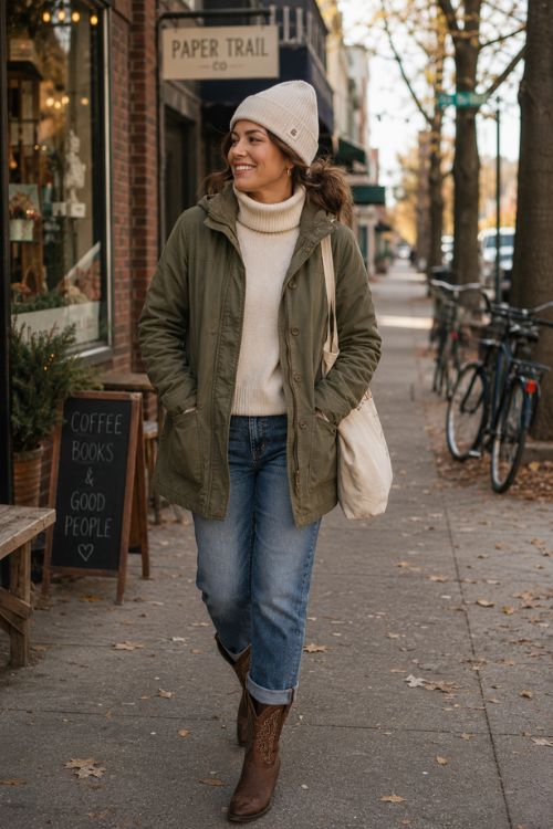 A woman wears an olive parka layered over a chunky cream turtleneck sweater, blue jean, rich brown cowboy boots, a knit beanie