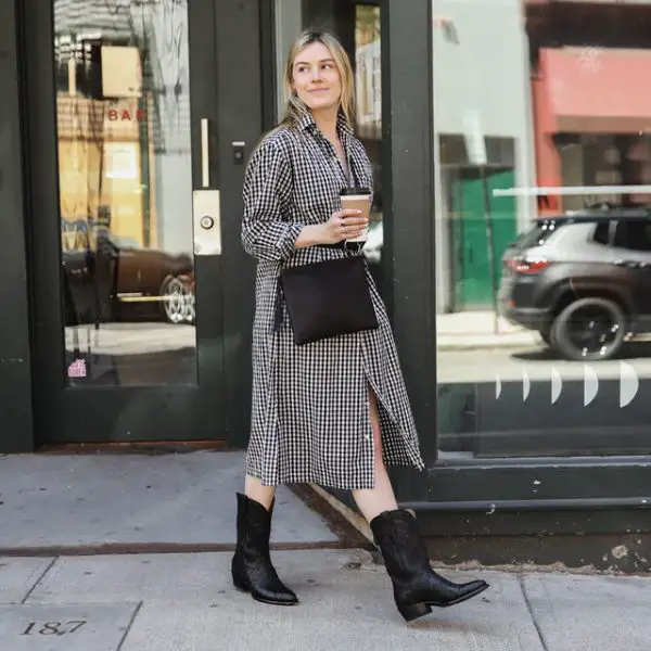 A woman wears The Jessie cowboy boots with dress on the streets