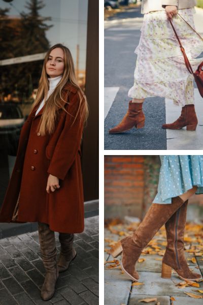 Women wear suede boots with differnet outfit