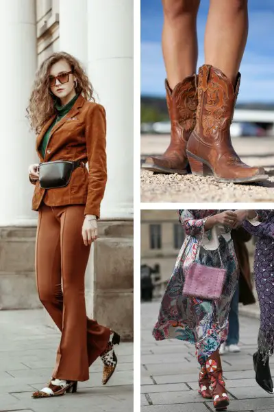 Women wears brown cowboy boots with different outfits