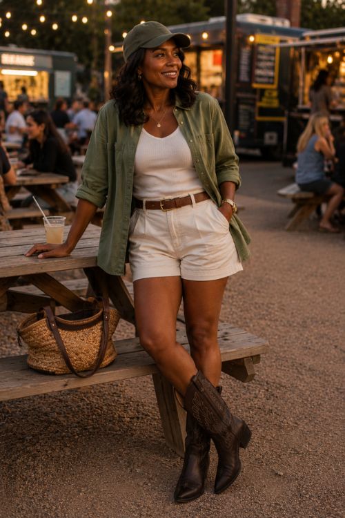a woman in a white top, shorts with brown cowboy boots and a green jacket