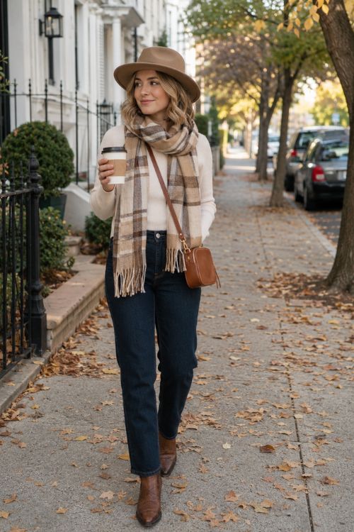 a woman in dark-wash straight-leg jeans, a cream sweater, a camel plaid scarf, rich brown cowboy boots, and a felt tan hat, and a small cognac crossbody bag