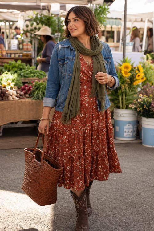 a woman wearing a rust floral midi dress, a cropped denim jacket, dark brown embroidered cowboy boots, and a lightweight olive scarf