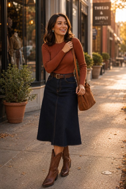 a woman wears a dark denim midi skirt, a fitted rust ribbed sweater tucked in neatly, rich brown cowboy boots, a classic leather belt
