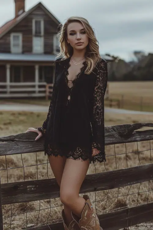 a woman wears a lace black dress with brown cowboy boots