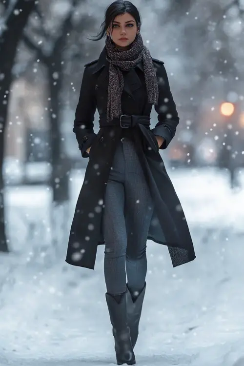 A cozy winter ensemble showcasing a woman in a black wool trench coat styled with a knitted scarf, fitted gray trousers, and heeled black cowboy boots