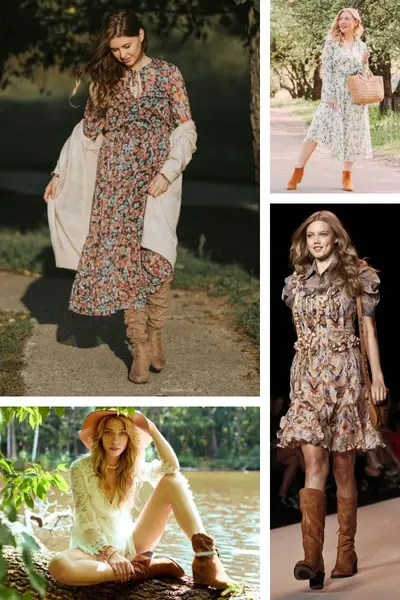 Women wear floral dresses with cowboy boots