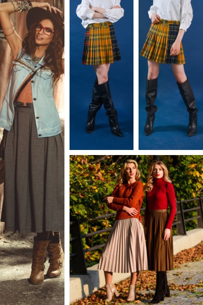 Women wear pleated skirts with cowboy boots and different outfits