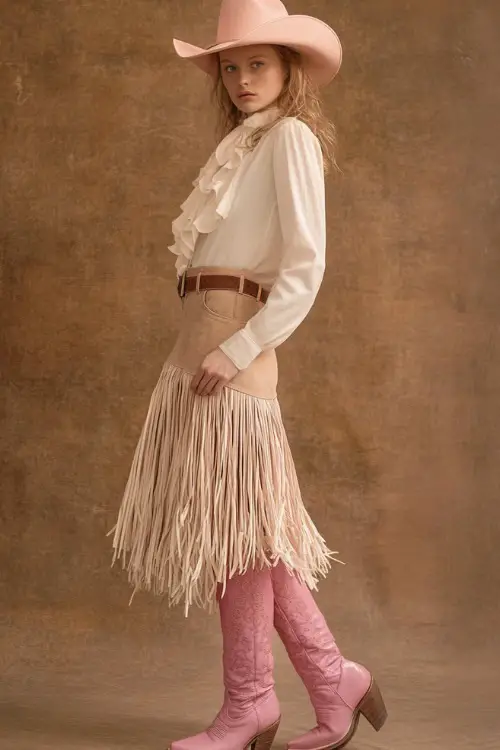 A western-inspired outfit featuring a fringe suede skirt in beige, paired with a white blouse and pink cowboy boots