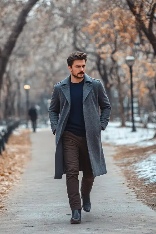 A winter-ready outfit featuring a man in a gray wool trench coat over a navy-blue sweater, dark brown bootcut pants tucked into black cowboy boots