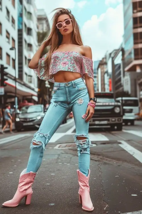 a woman wears a sequin top, ripped jeans and pink cowboy boots