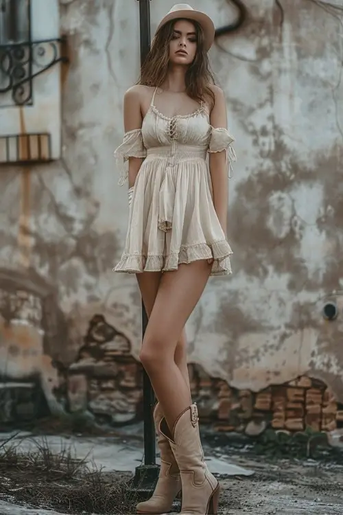 a woman wears a short dress and nude cowboy boots