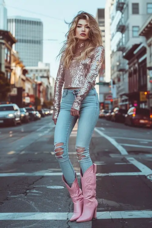 a woman wears a silver top, jeans and pink cowboy boots