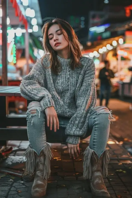 a woman wears a sweater, jeans and fringe cowboy boots
