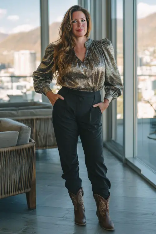 A curvy woman over 40 wears a metallic blouse tucked into high-waisted black trousers with brown cowboy boots