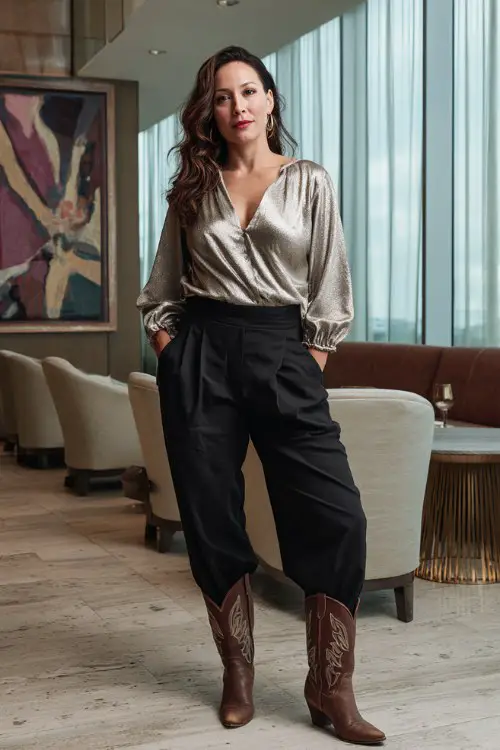 A curvy woman over 40 wears a metallic blouse tucked into high-waisted black trousers with brown cowboy boots