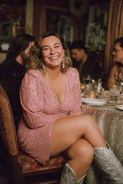 A plus-size woman wears a pink sequin wrap dress, silver cowboy boots, and chandelier earrings while laughing with friends