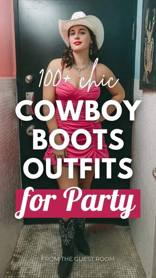A plus-size woman wears a ruched hot pink dress with a white cowgirl hat, and cowboy boots outfit for party