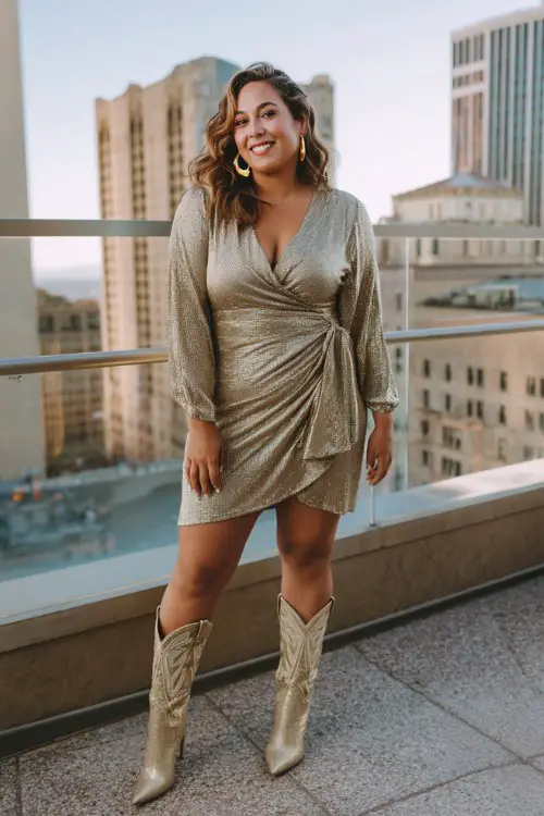 A plus-size woman wears a wrap-style metallic gold dress paired with matching gold cowboy boots and hoop earrings