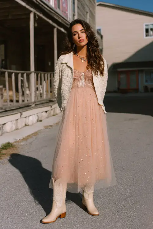 A woman in a blush tulle midi dress with sparkly accents, layered with a cropped cream cardigan and beige cowboy boots for a soft party look