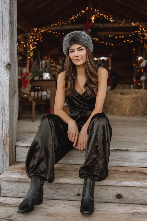 A woman over 30 wears black cowboy boots with a satin jumpsuit and a faux fur headband at a rustic barn-style holiday party