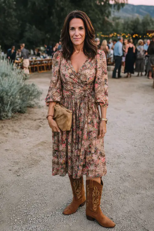 A woman over 40 wears a flowy floral midi dress with soft brown cowboy boots and a suede clutch