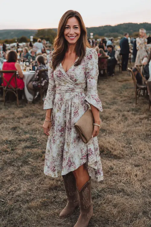 A woman over 40 wears a flowy floral midi dress with soft brown cowboy boots and a suede clutch