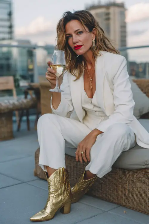 A woman over 40 wears a tailored white suit with gold cowboy boots and bold red lipstick, enjoying a champagne toast