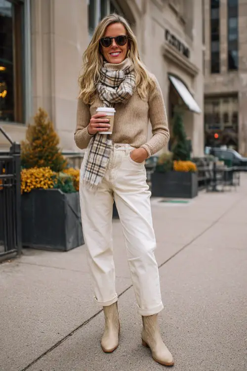 A woman wears a beige turtleneck sweater tucked into high-waisted straight-leg jeans with beige cowboy boots and a plaid scarf, perfect for a cozy coffee date