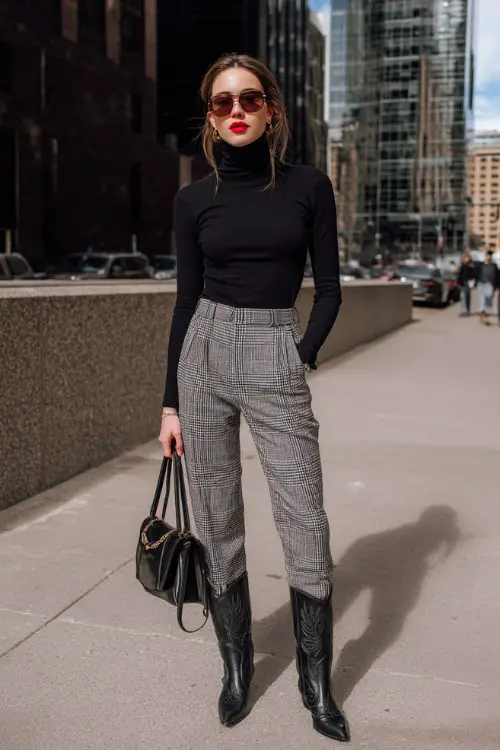 A woman wears a fitted black turtleneck sweater tucked into high-waisted gray plaid trousers with sleek black cowboy boots