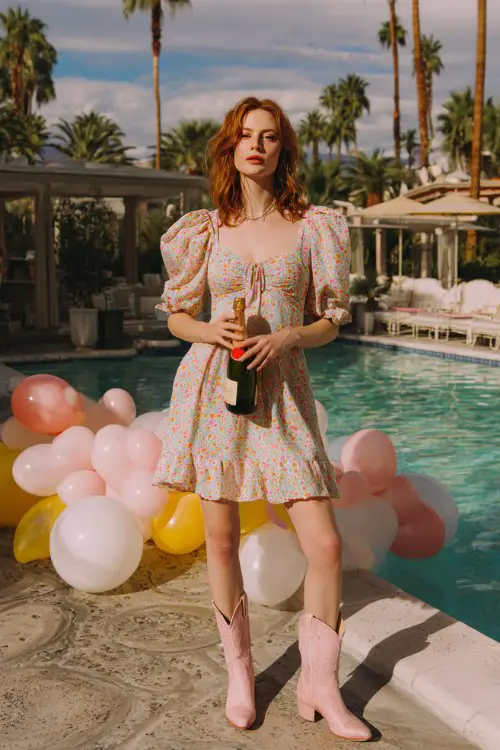 A woman wears a pastel floral puff sleeve dress with blush pink cowboy boots, enjoying a poolside brunch