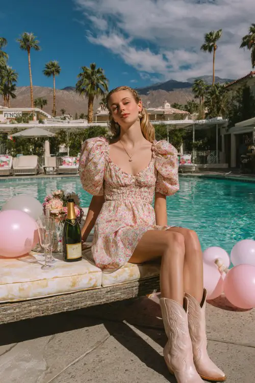 A woman wears a pastel floral puff sleeve dress with blush pink cowboy boots