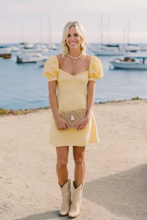 A woman wears a yellow sundress with puff sleeves and beige cowboy boots, accessorized with a shell necklace and raffia clutch