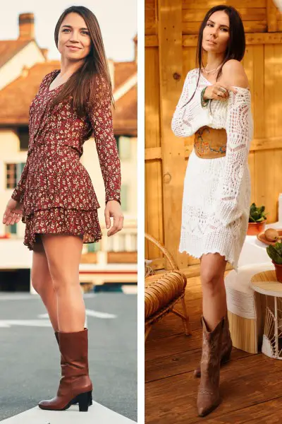 Women wears cowboy boots with mini dress