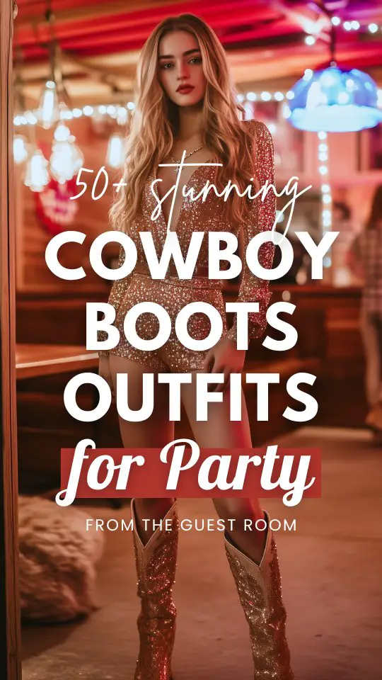 a woman wears a sparkly dress with cowboy boots for party