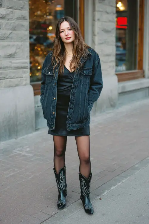 a woman wears an oversized dark denim jacket over a silky slip dress with opaque tights and pointed black cowboy boots