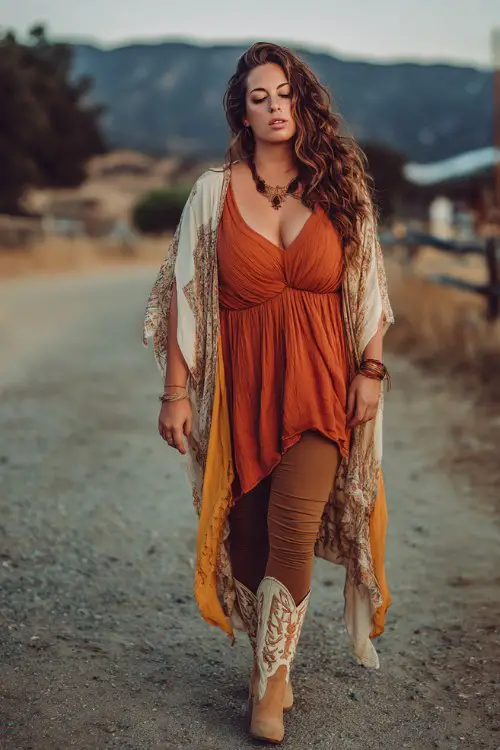 A curvy woman wears a boho chiffon dress over fitted leggings with embroidered tan cowboy boots
