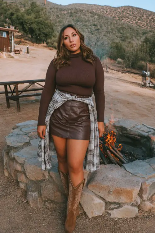 A curvy woman wears a chocolate-brown leather mini skirt with a turtleneck bodysuit, paired with tall suede cowboy boots and a plaid wrap