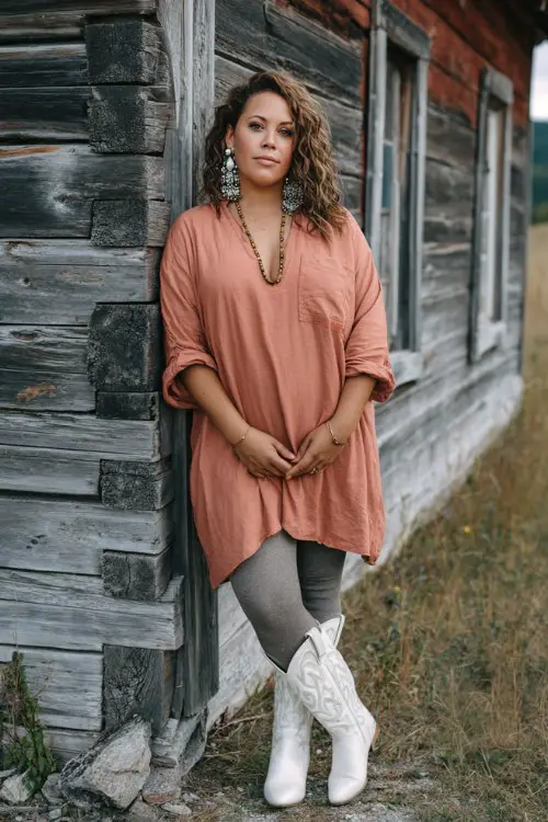 A curvy woman wears a loose tunic dress over gray leggings with white cowboy boots, styled with statement earrings