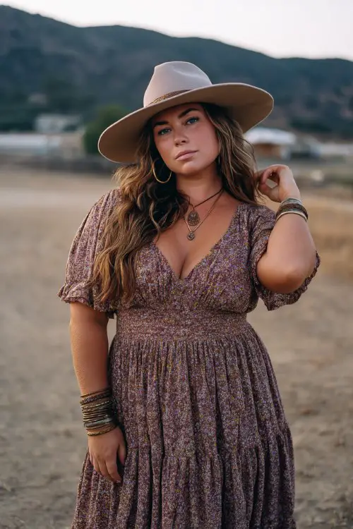 A curvy woman wears a tiered boho maxi dress with distressed cowboy boots, stacked bracelets, and a wide-brim hat, photographed in a dusty country concert field at sunset