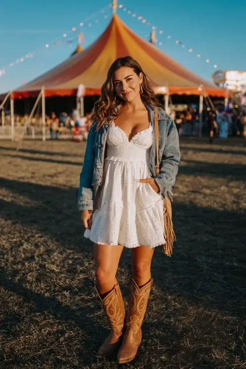 A curvy woman wears a white eyelet mini dress layered with a denim jacket, styled with tall tan cowboy boots and a fringe crossbody bag