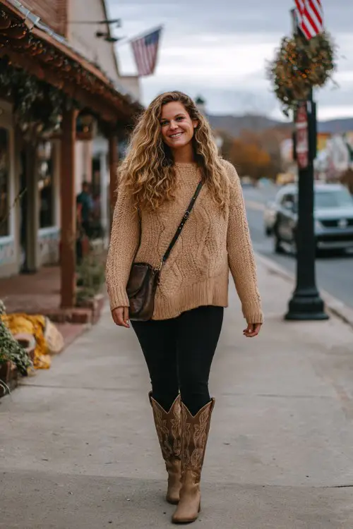 A curvy woman wears black leggings with an oversized camel knit sweater, paired with tall cowboy boots and a crossbody bag