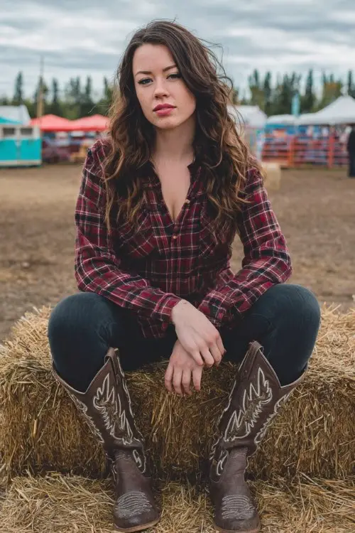 A curvy woman wears dark leggings with embroidered tall cowboy boots and a long flannel shirt