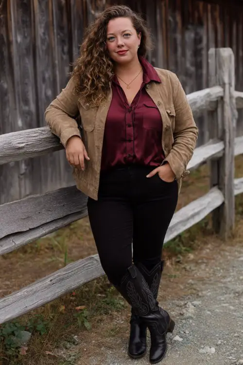 A curvy woman wears dark skinny jeans tucked into black tall cowboy boots, styled with a burgundy silk blouse and a suede jacket