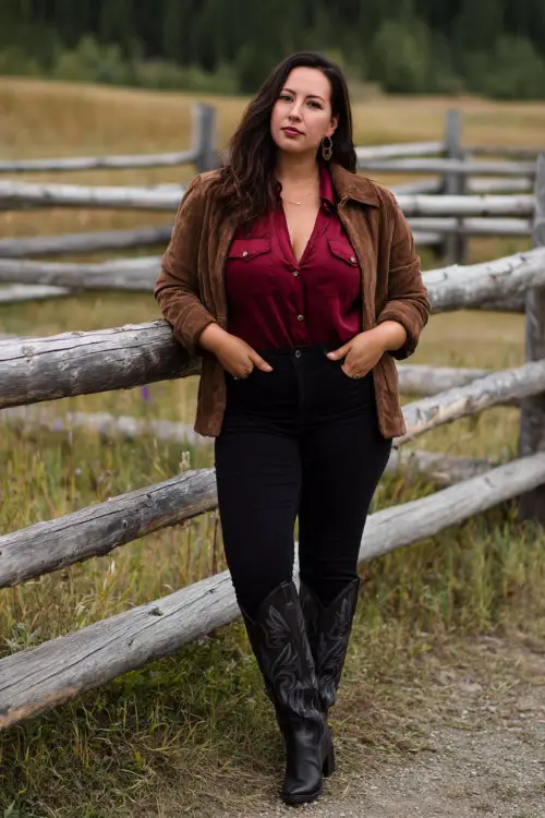 A curvy woman wears dark skinny jeans tucked into black tall cowboy boots, styled with a burgundy silk blouse and a suede jacket