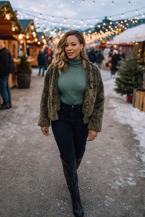 A curvy woman wears dark skinny jeans tucked into black tall cowboy boots, styled with a forest-green turtleneck and a faux-fur jacket