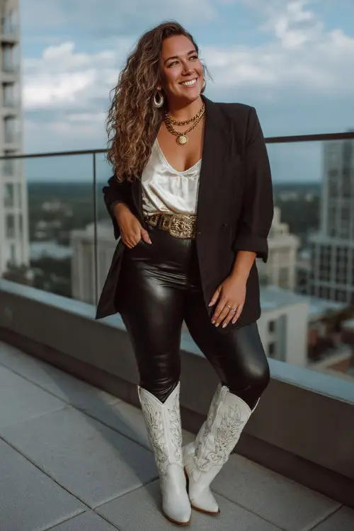 A curvy woman wears faux-leather leggings with embroidered white cowboy boots, an oversized blazer layered over a satin cami