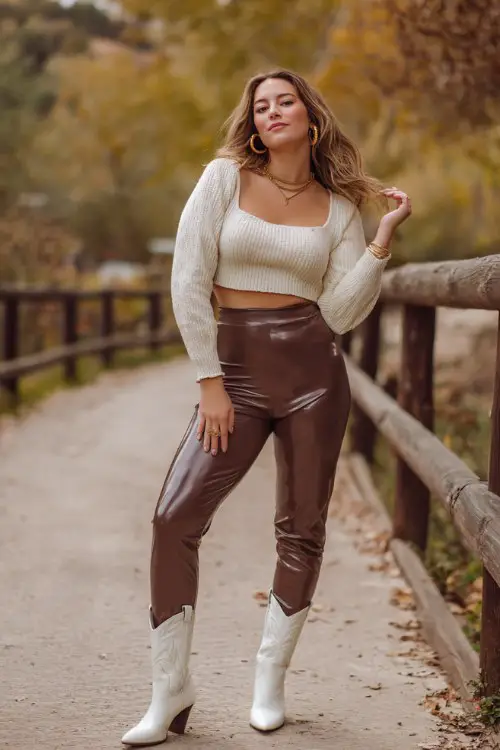 A curvy woman wears high-waisted faux leather leggings styled with white cowboy boots, a cropped knit top, and statement hoop earrings